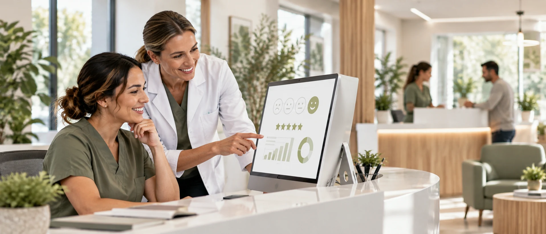 Healthcare staff in a modern clinic reviewing patient feedback and analytics on a desktop monitor.