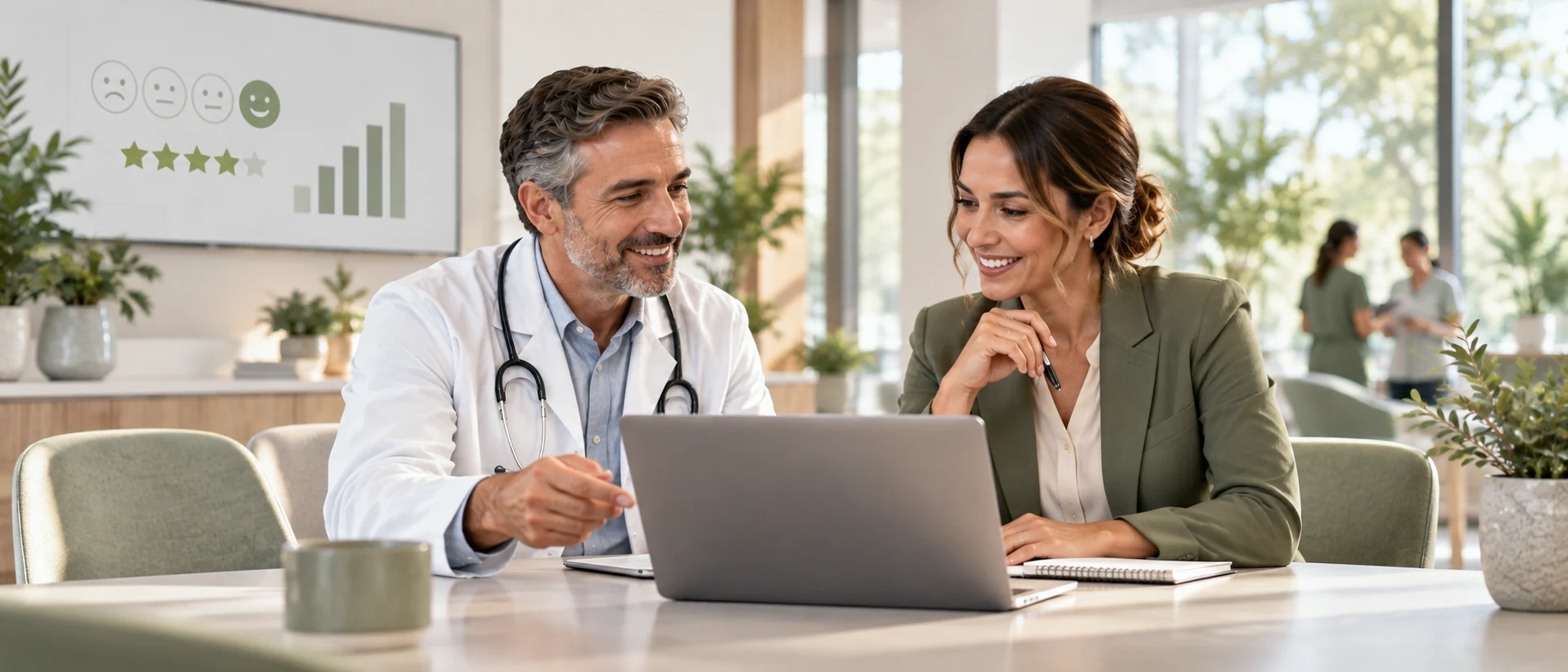 Physician and healthcare practice leader reviewing reputation performance on a laptop in a modern office.