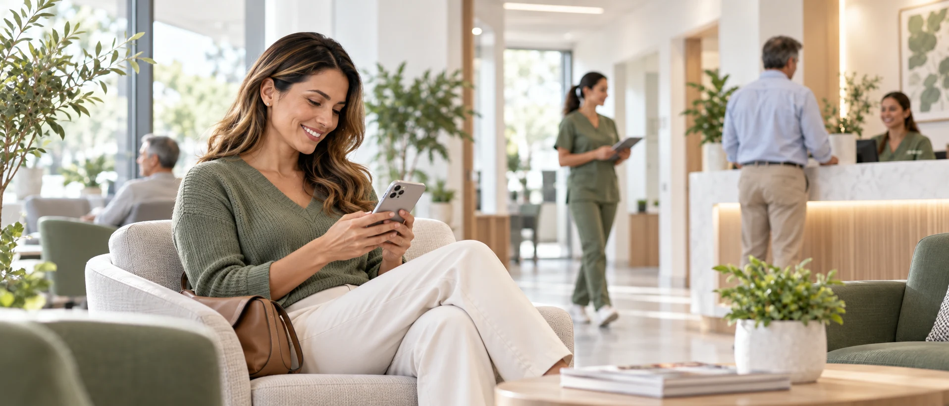 Patient in a modern clinic lounge using her smartphone after a healthcare visit.