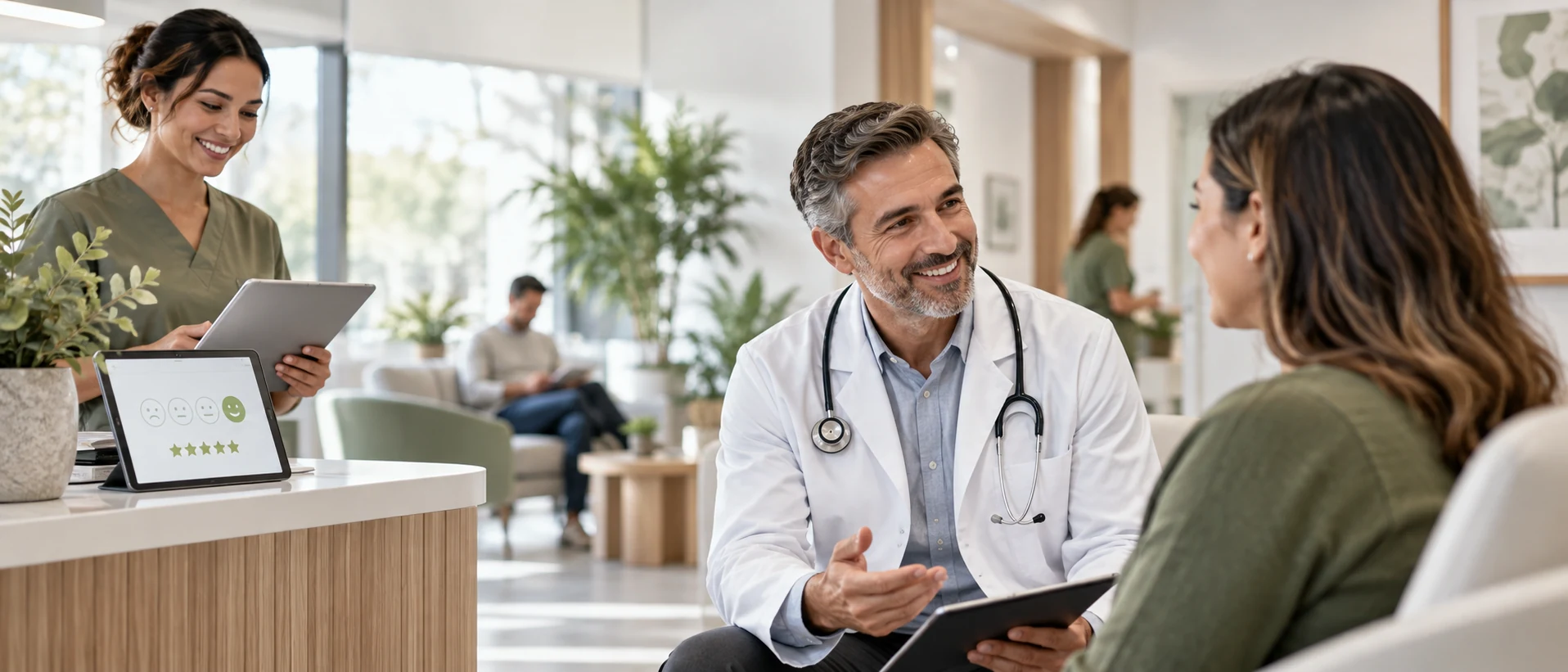 Doctor speaking with a patient in a bright modern clinic while a staff member reviews patient feedback on a tablet.
